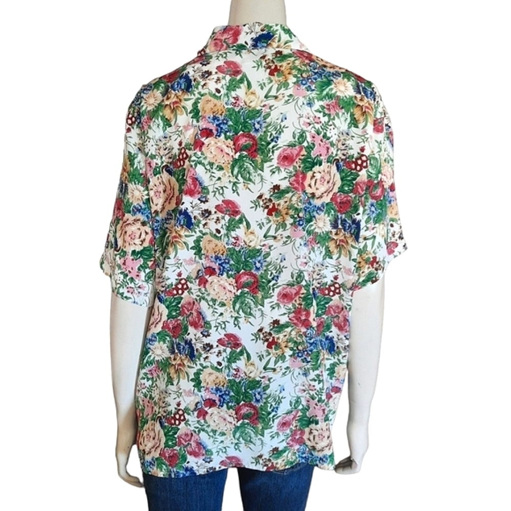 VINTAGE 80s Floral Blouse size XL Button Front Short Sleeve Grannycore - Picture 7 of 9